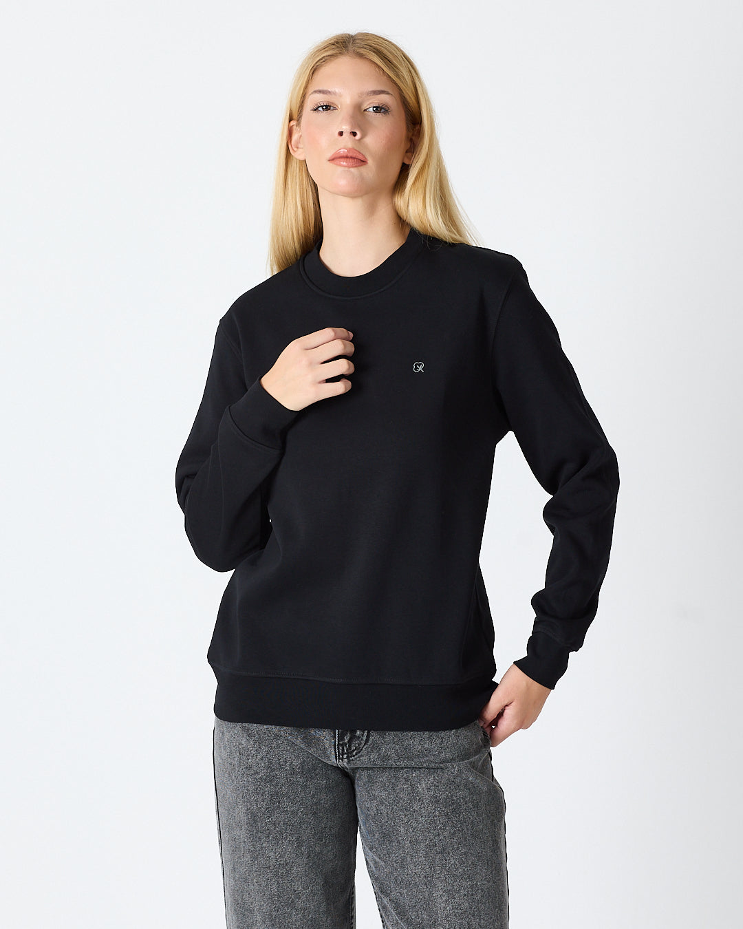 Unisex Siyah Gümüş Nakış Standart Kalıp Organik Pamuklu Sweatshirt