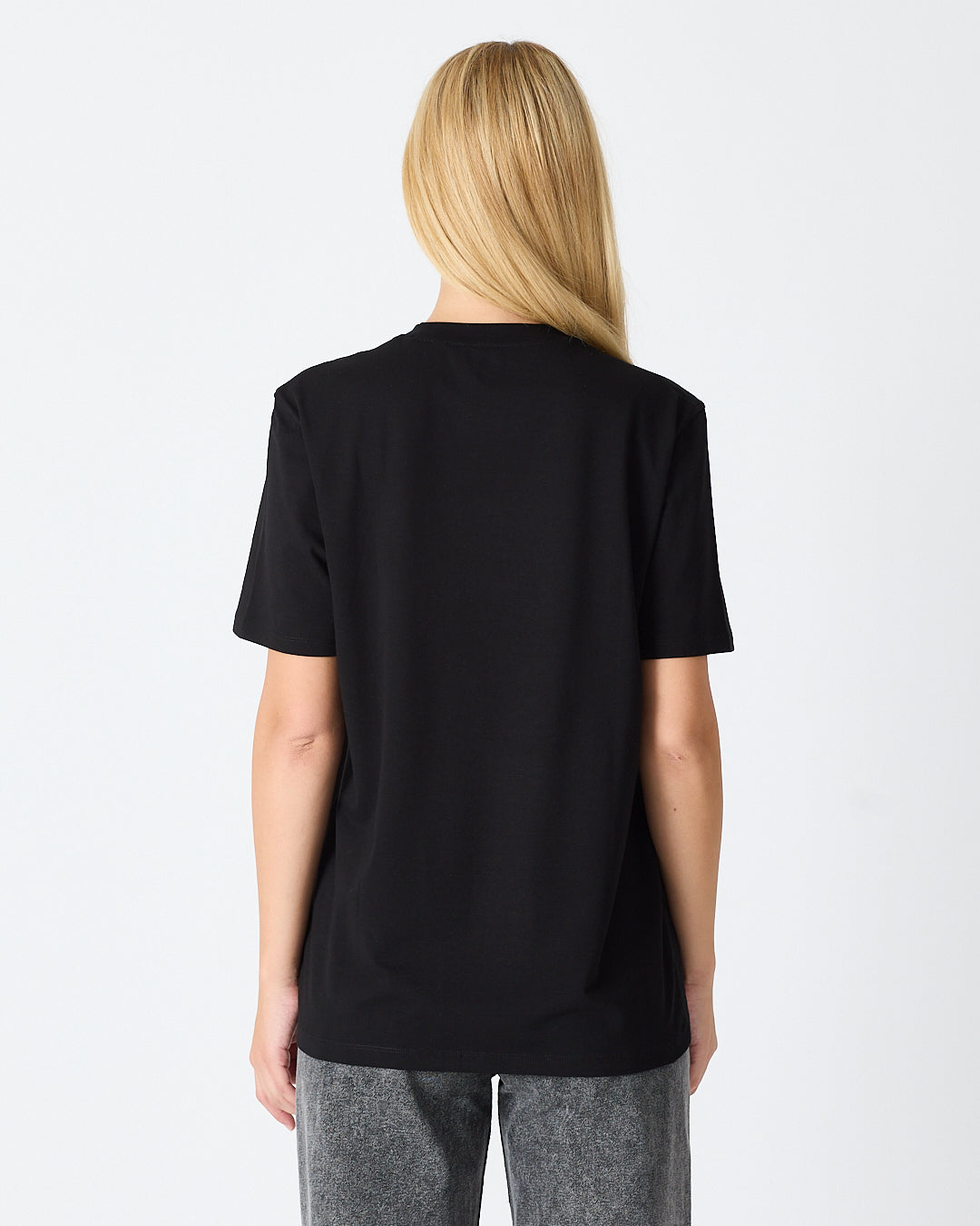 Unisex Siyah Beyaz Aplike Logo BCI Sertifikalı Pamuk Standart Kesim Bisiklet Yaka T-shirt