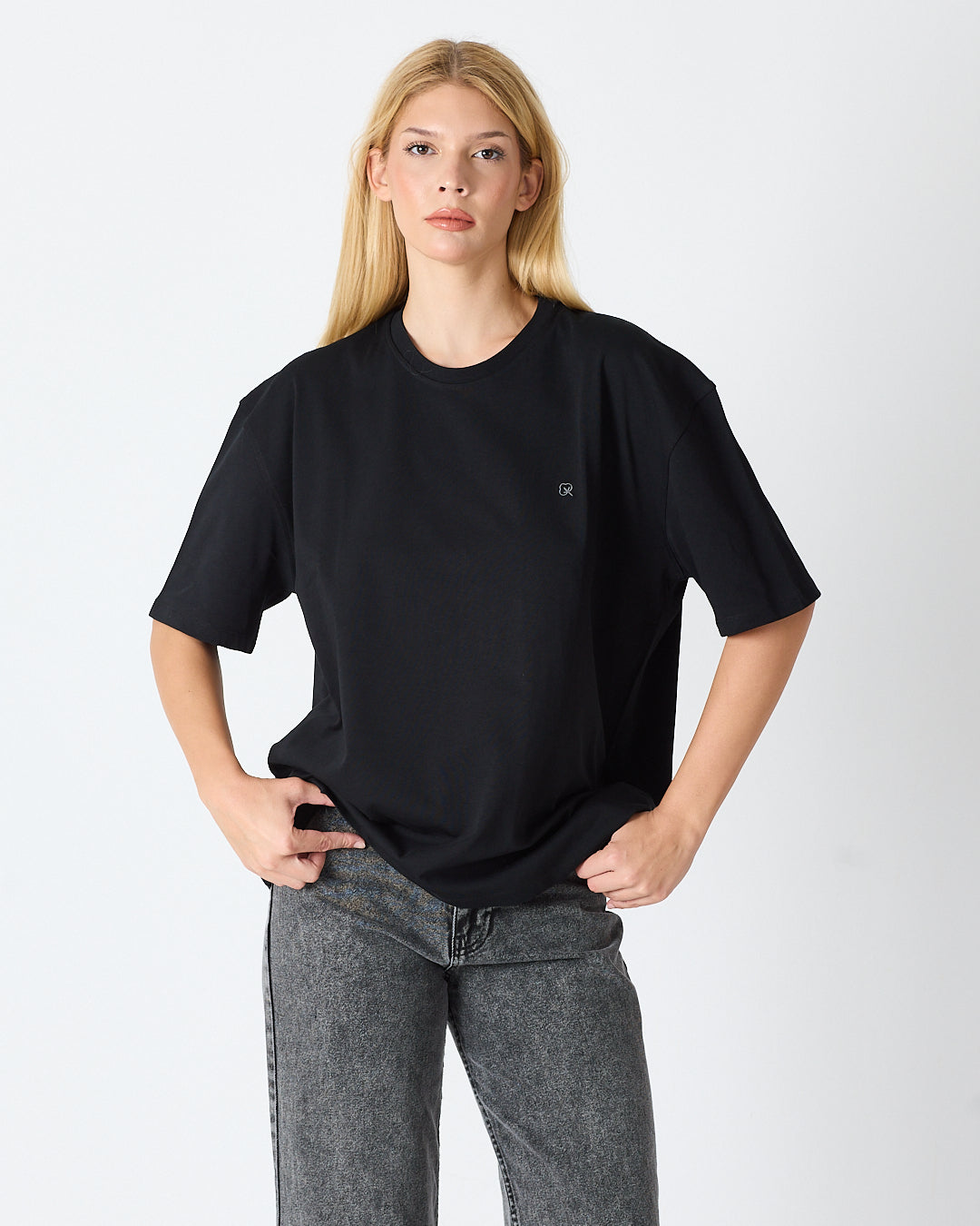 Unisex Silver Embroidered Oversized Crew Neck Organic Cotton T-Shirt-1010503