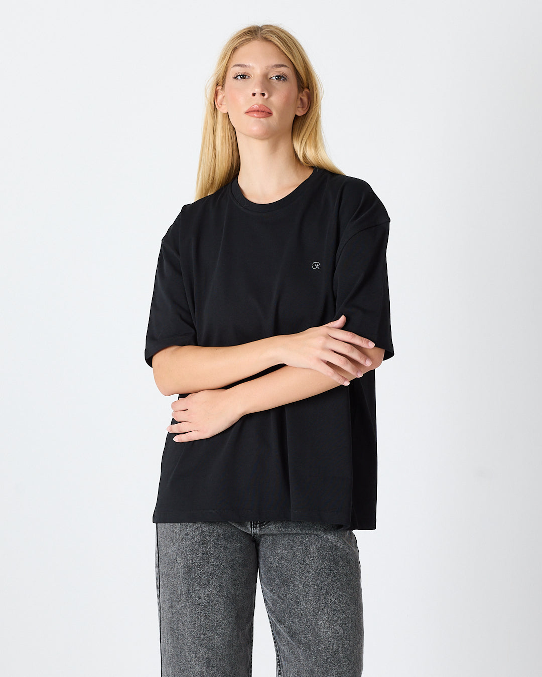 Unisex Silver Embroidered Oversized Crew Neck Organic Cotton T-Shirt-1010503