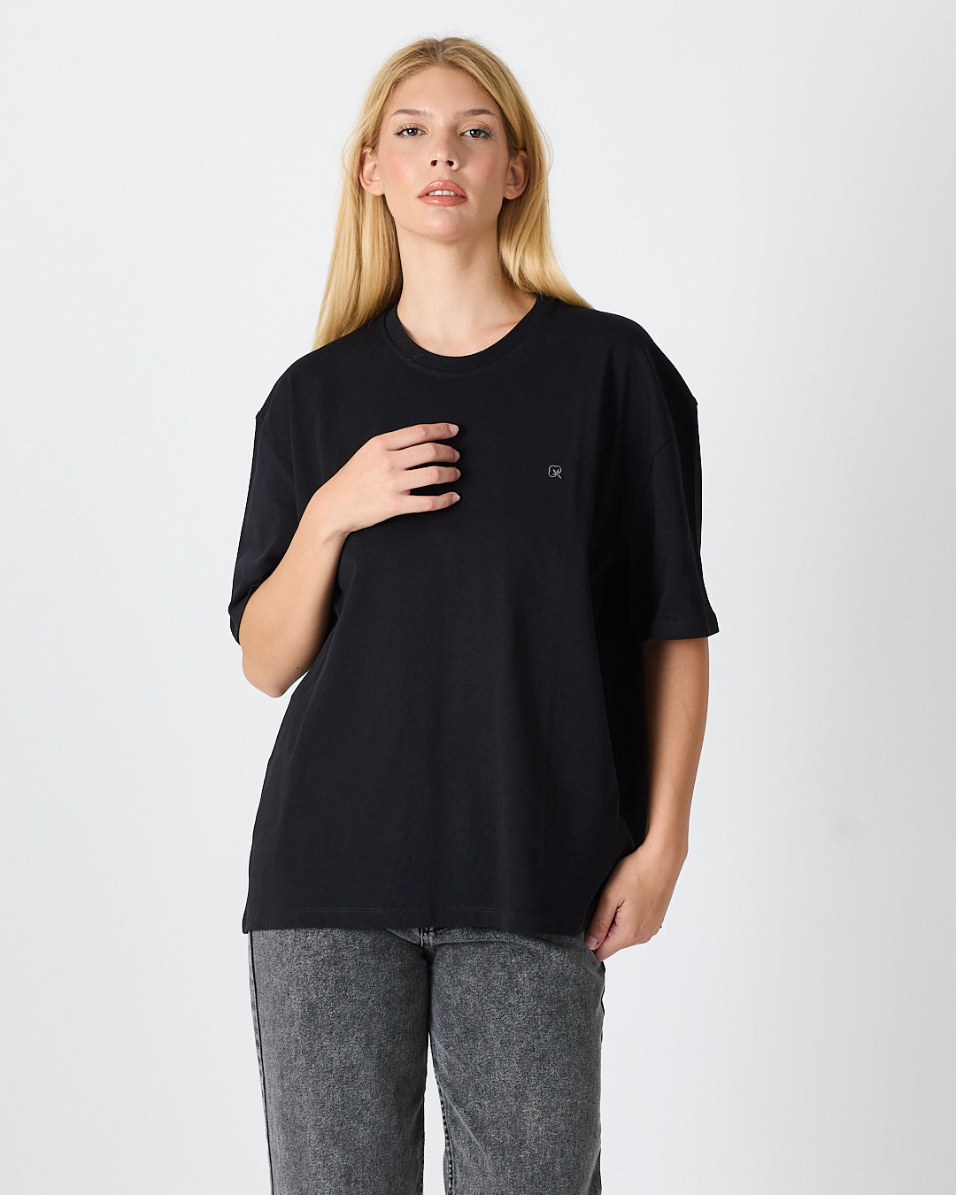 Unisex Silver Embroidered Oversized Crew Neck Organic Cotton T-Shirt-1010503