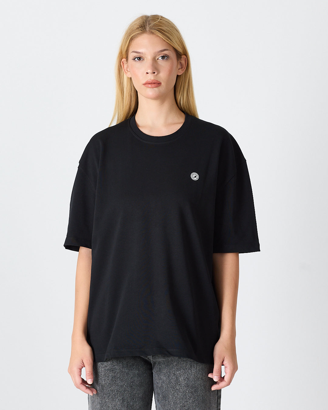 Unisex White Appliqué Logo Organic Cotton Oversized Crew Neck T-shirt-10305R03
