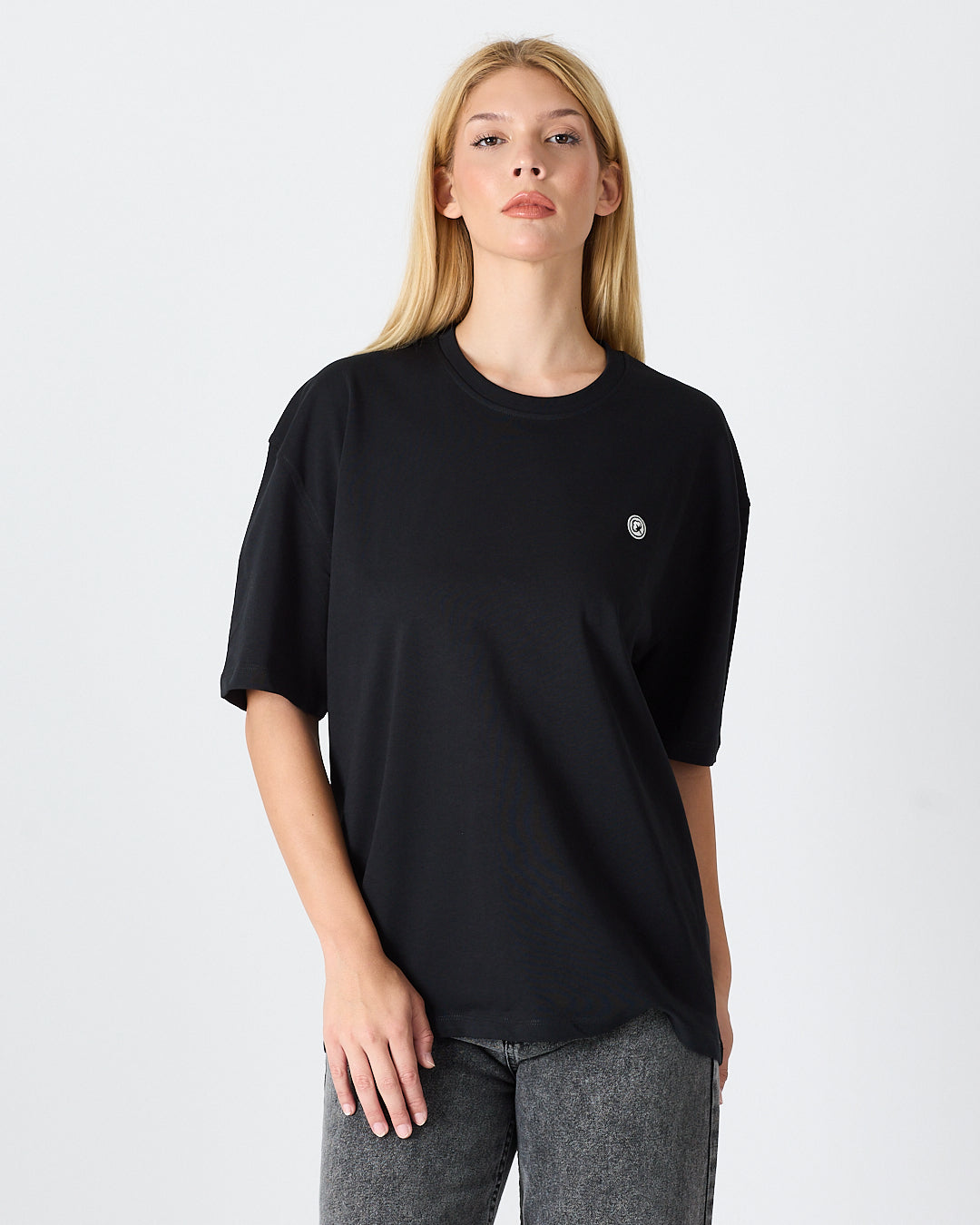 Unisex White Appliqué Logo Organic Cotton Oversized Crew Neck T-shirt-10305R03