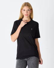 Unisex Siyah Beyaz Nakışlı Standart Kalıp Bisiklet Yaka Organik Pamuklu T-Shirt