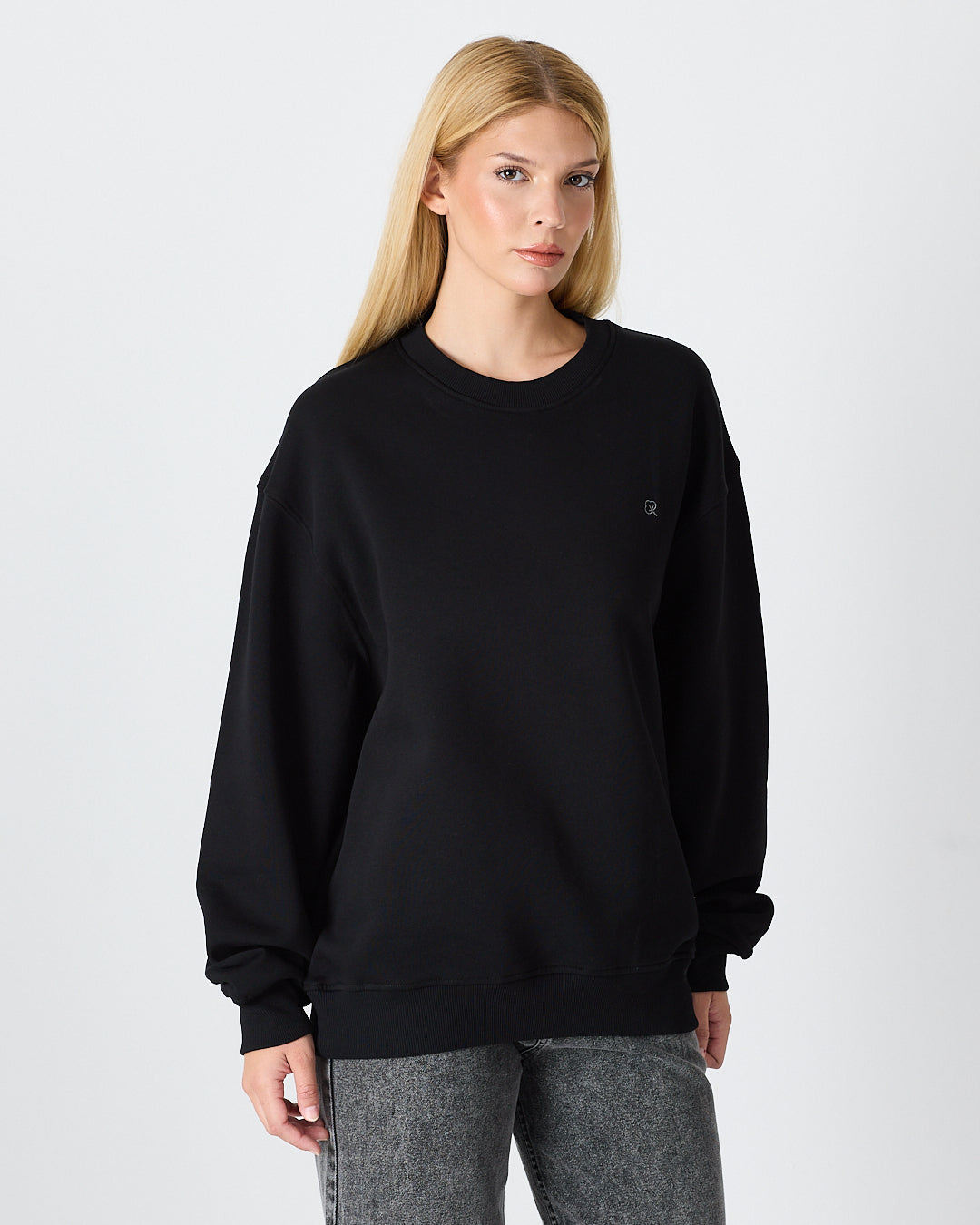 Unisex Siyah Gümüş Nakışlı Oversize Kalıp Organik Pamuklu Sweatshirt