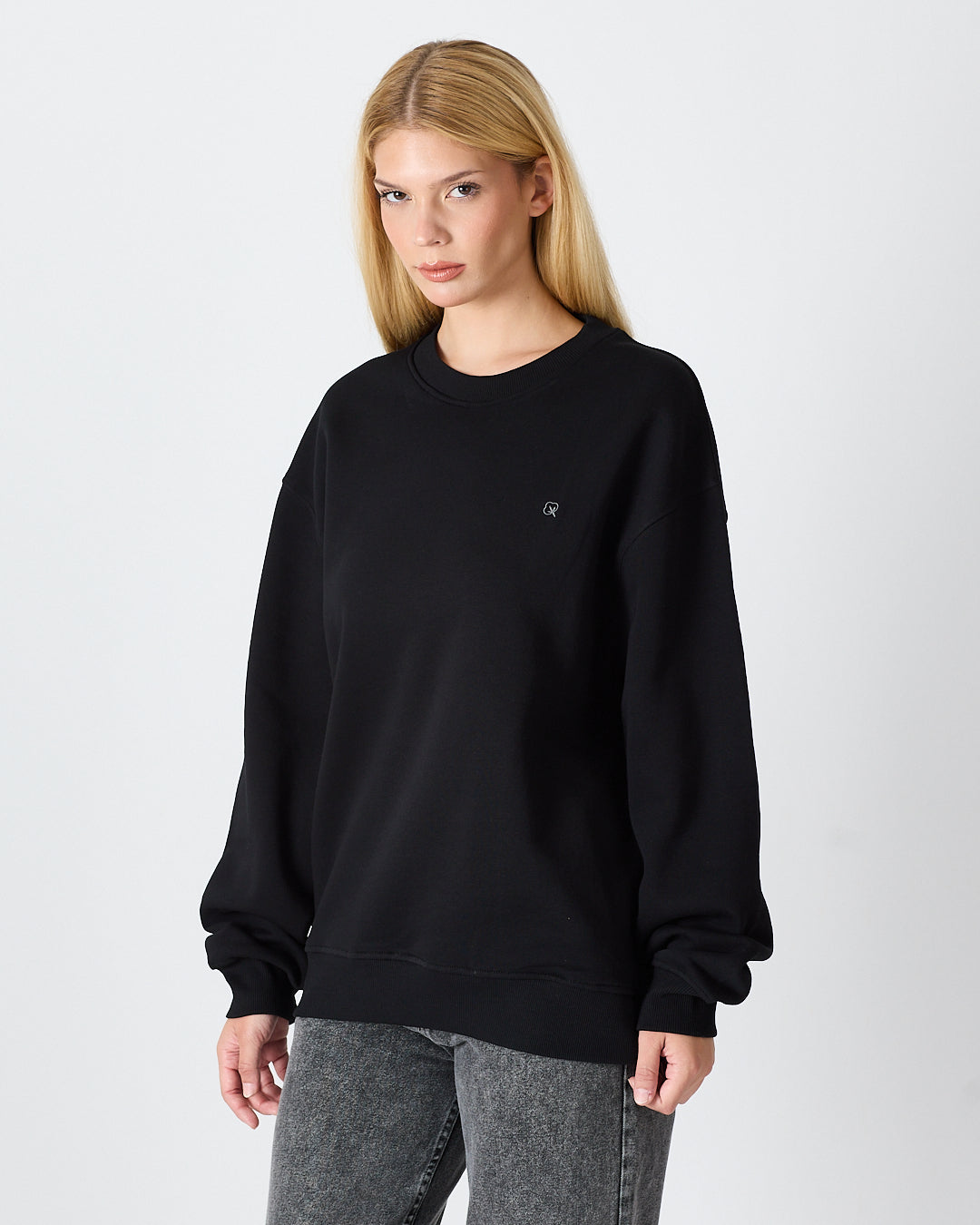 Unisex Siyah Gümüş Nakışlı Oversize Kalıp Organik Pamuklu Sweatshirt