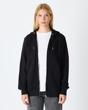 Unisex Siyah Nakışlı Organik Pamuklu Tam Fermuarlı Kapüşonlu Standart Kalıp Sweatshirt