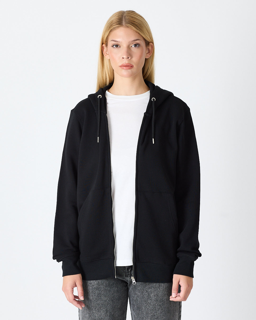 Unisex Siyah Nakışlı Organik Pamuklu Tam Fermuarlı Kapüşonlu Standart Kalıp Sweatshirt