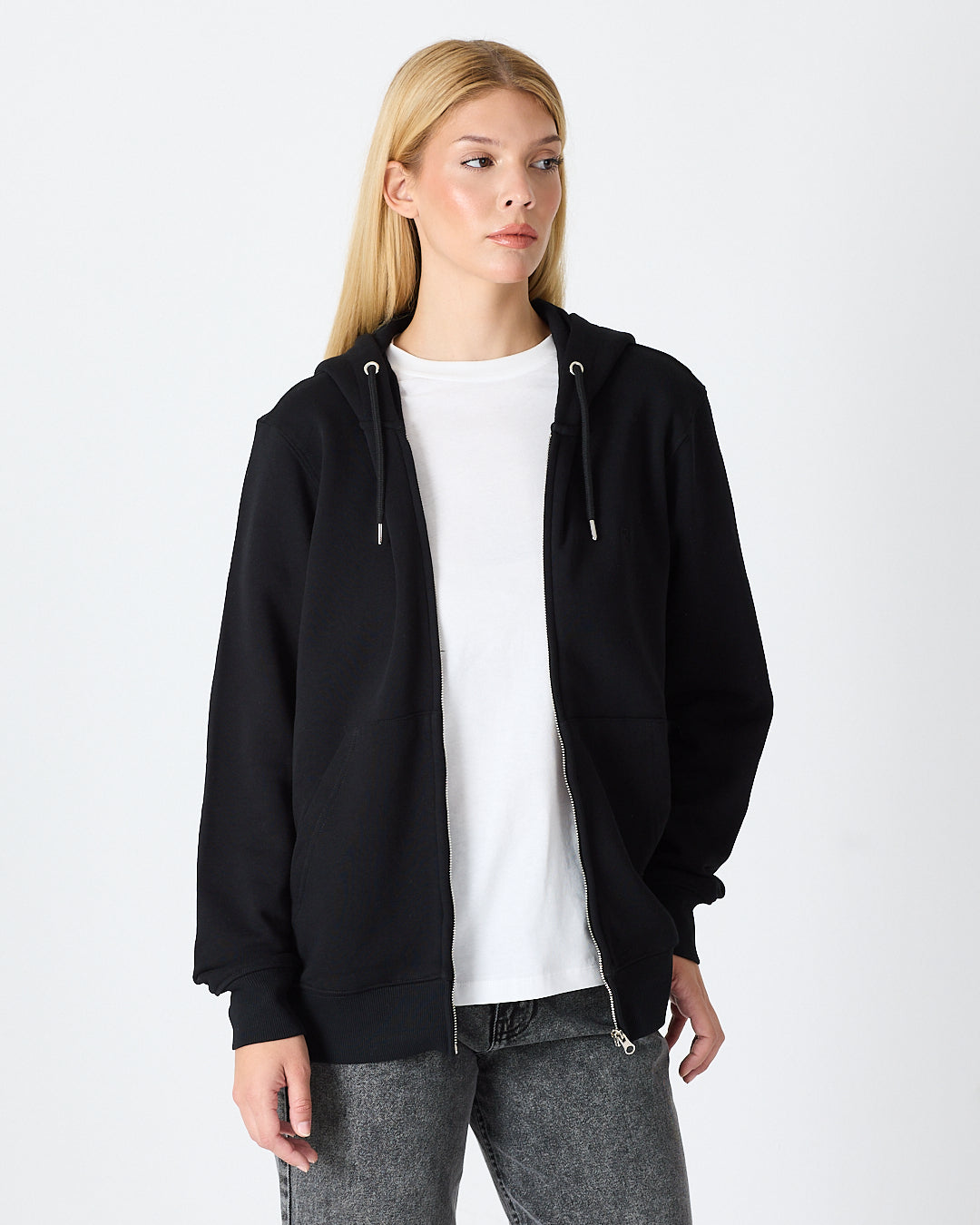 Unisex Siyah Nakışlı Organik Pamuklu Tam Fermuarlı Kapüşonlu Standart Kalıp Sweatshirt