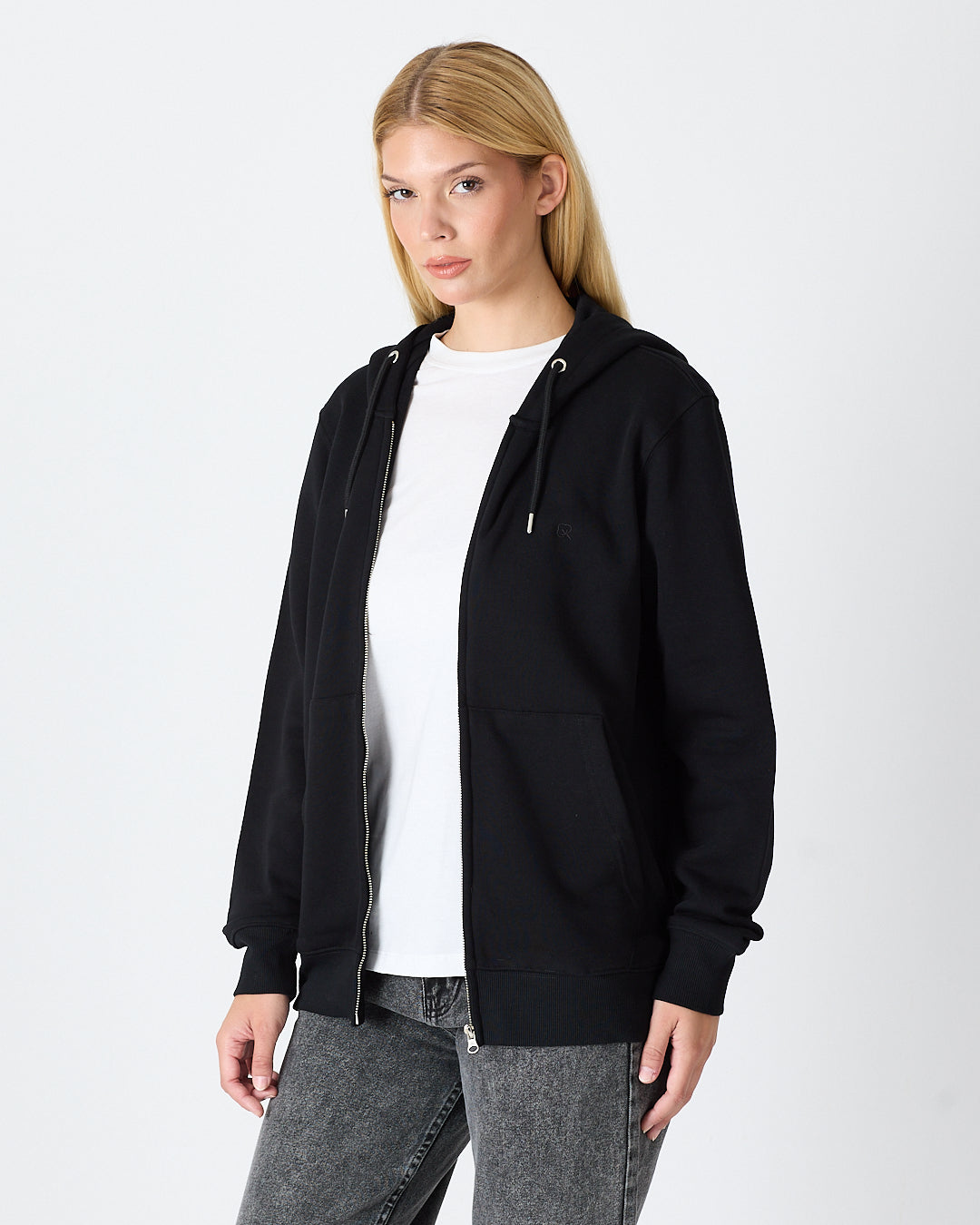Unisex Siyah Nakışlı Organik Pamuklu Tam Fermuarlı Kapüşonlu Standart Kalıp Sweatshirt