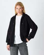 Unisex Siyah Nakışlı Organik Pamuklu Tam Fermuarlı Kapüşonlu Standart Kalıp Sweatshirt