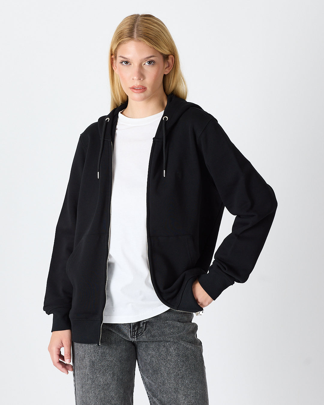 Unisex Siyah Nakışlı Organik Pamuklu Tam Fermuarlı Kapüşonlu Standart Kalıp Sweatshirt