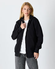 Unisex Siyah Nakışlı Organik Pamuklu Tam Fermuarlı Kapüşonlu Standart Kalıp Sweatshirt