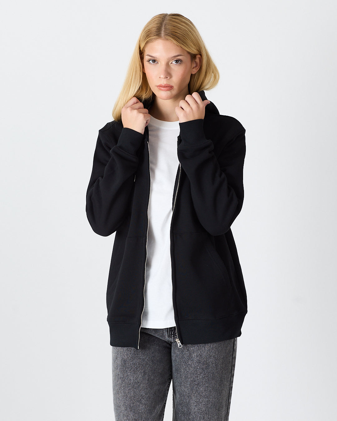 Unisex Siyah Nakışlı Organik Pamuklu Tam Fermuarlı Kapüşonlu Standart Kalıp Sweatshirt