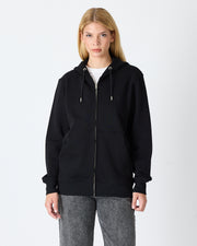 Unisex Siyah Nakışlı Organik Pamuklu Tam Fermuarlı Kapüşonlu Standart Kalıp Sweatshirt