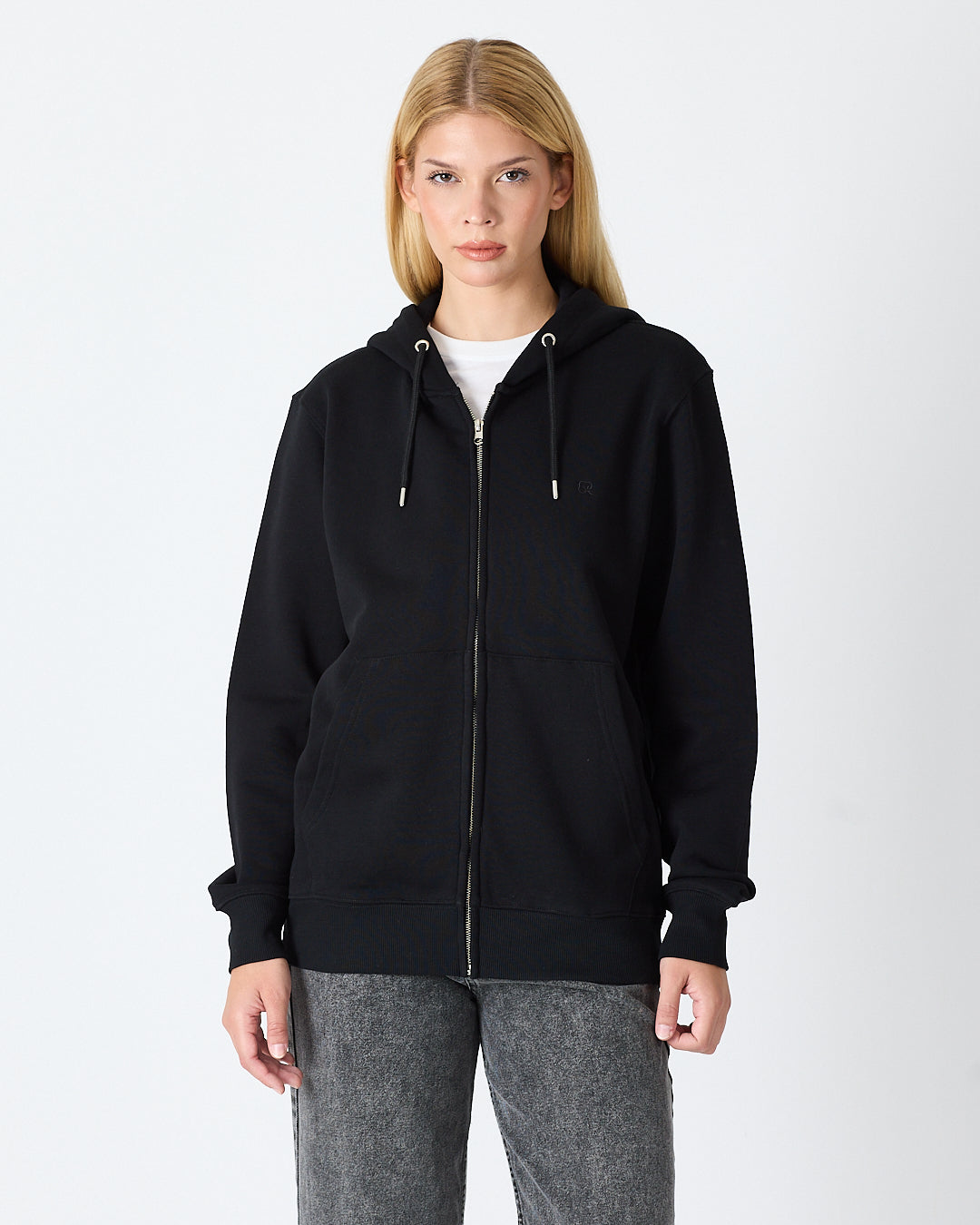 Unisex Siyah Nakışlı Organik Pamuklu Tam Fermuarlı Kapüşonlu Standart Kalıp Sweatshirt