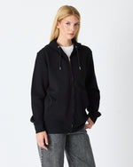 Unisex Siyah Nakışlı Organik Pamuklu Tam Fermuarlı Kapüşonlu Standart Kalıp Sweatshirt