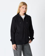 Unisex Siyah Nakışlı Organik Pamuklu Tam Fermuarlı Kapüşonlu Standart Kalıp Sweatshirt