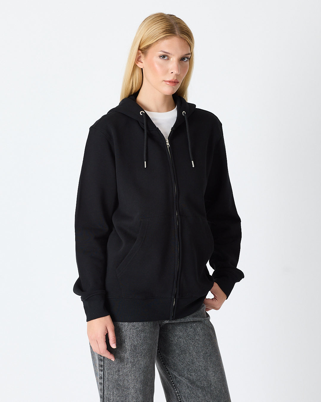 Unisex Siyah Nakışlı Organik Pamuklu Tam Fermuarlı Kapüşonlu Standart Kalıp Sweatshirt
