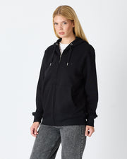Unisex Siyah Nakışlı Organik Pamuklu Tam Fermuarlı Kapüşonlu Standart Kalıp Sweatshirt