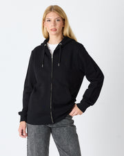 Unisex Siyah Nakışlı Organik Pamuklu Tam Fermuarlı Kapüşonlu Standart Kalıp Sweatshirt