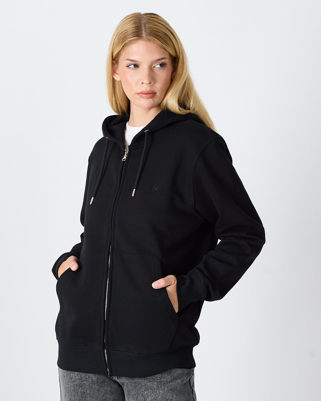 Unisex Siyah Nakışlı Organik Pamuklu Tam Fermuarlı Kapüşonlu Standart Kalıp Sweatshirt
