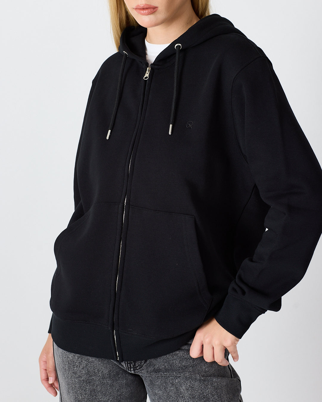 Unisex Siyah Nakışlı Organik Pamuklu Tam Fermuarlı Kapüşonlu Standart Kalıp Sweatshirt