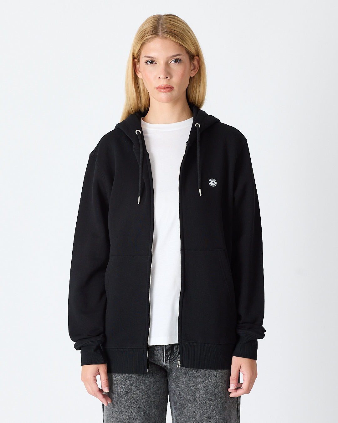 Unisex Siyah Beyaz Aplike Detaylı Kapüşonlu Organik Pamuk Standart Kesim Tam Fermuarlı Sweatshirt