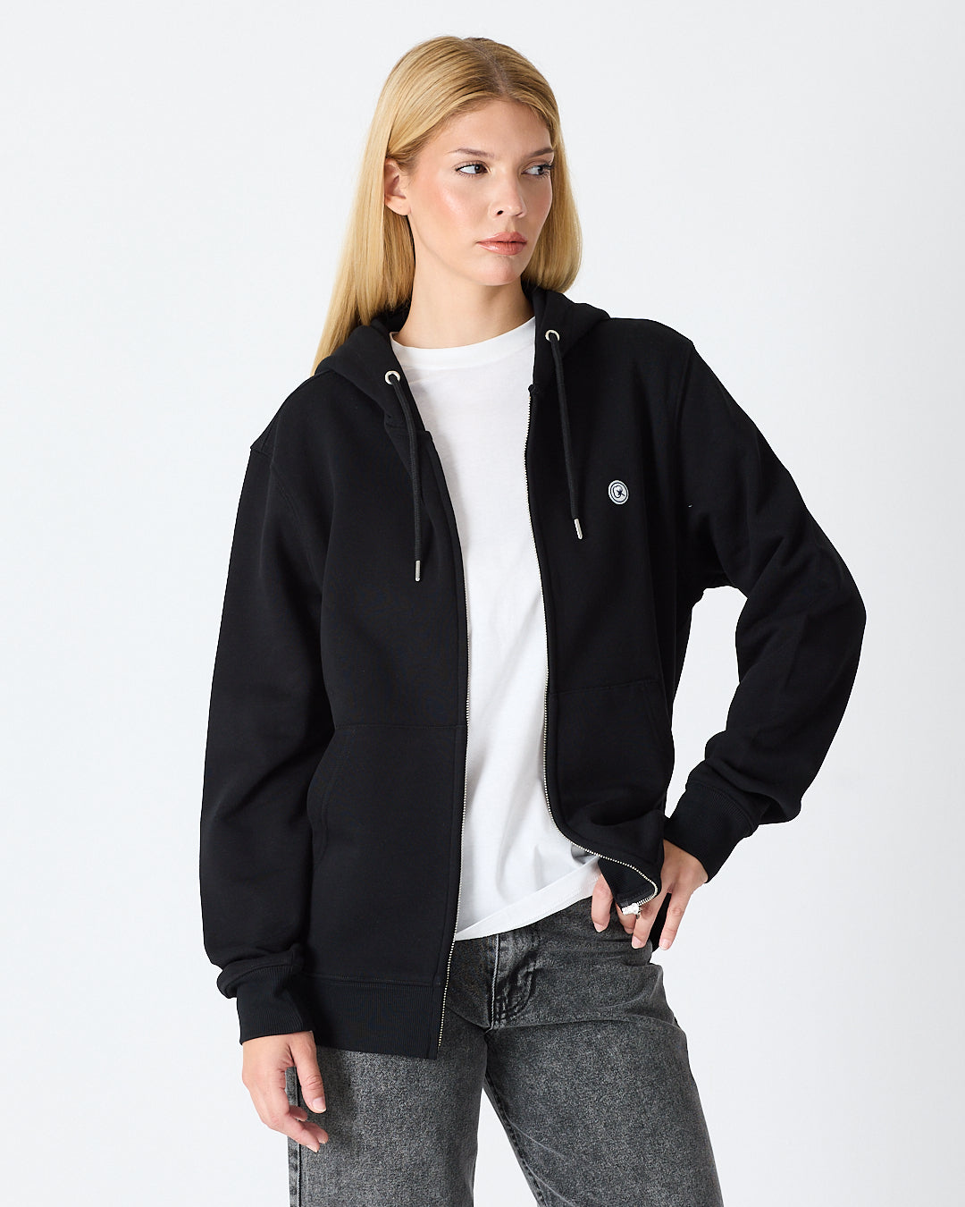 Unisex Siyah Beyaz Aplike Detaylı Kapüşonlu Organik Pamuk Standart Kesim Tam Fermuarlı Sweatshirt