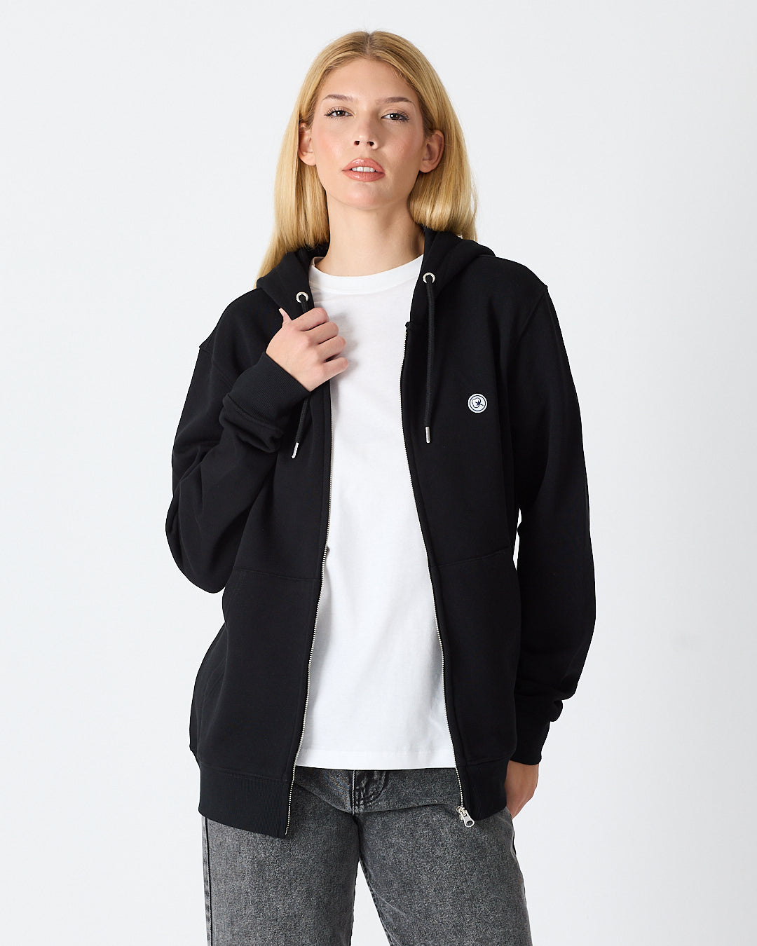 Unisex Siyah Beyaz Aplike Detaylı Kapüşonlu Organik Pamuk Standart Kesim Tam Fermuarlı Sweatshirt