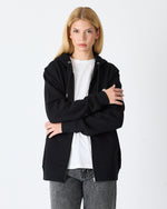 Unisex Siyah Beyaz Aplike Detaylı Kapüşonlu Organik Pamuk Standart Kesim Tam Fermuarlı Sweatshirt