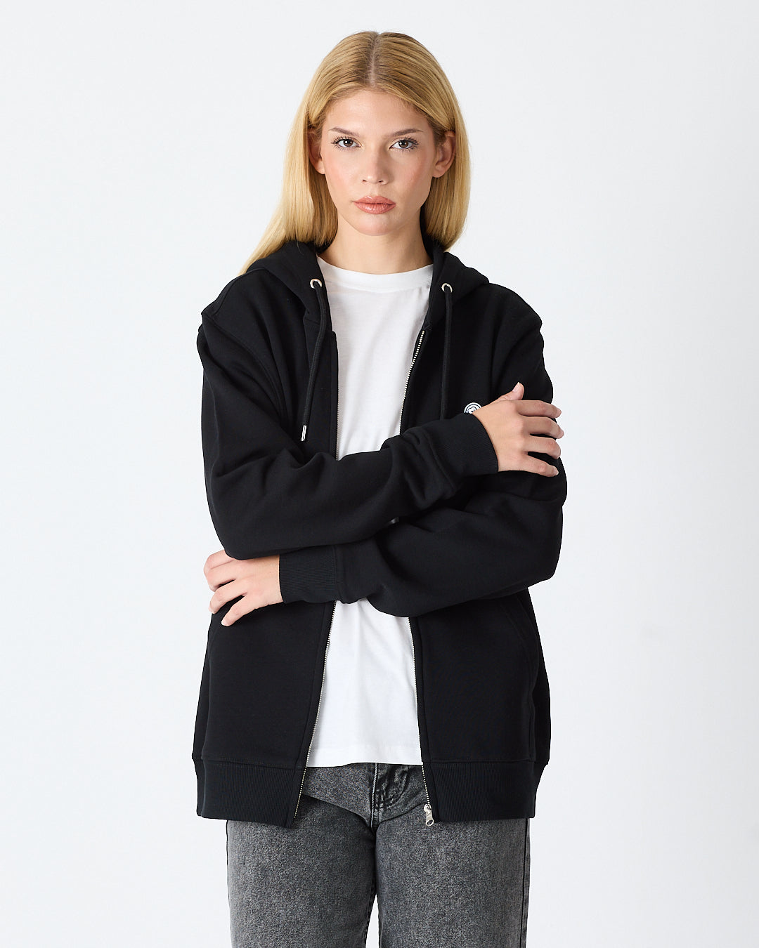 Unisex Siyah Beyaz Aplike Detaylı Kapüşonlu Organik Pamuk Standart Kesim Tam Fermuarlı Sweatshirt