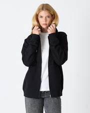Unisex Siyah Beyaz Aplike Detaylı Kapüşonlu Organik Pamuk Standart Kesim Tam Fermuarlı Sweatshirt