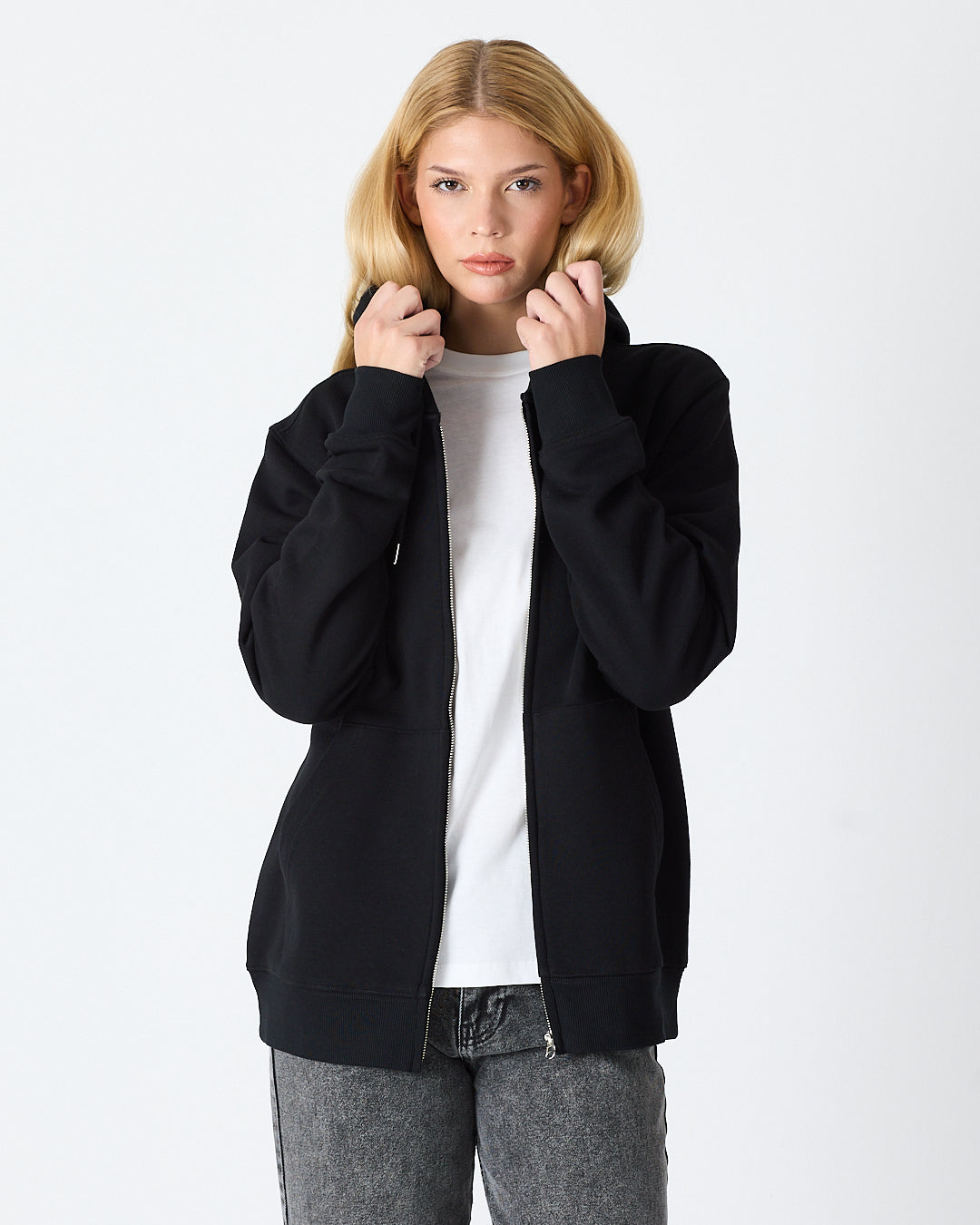 Unisex Siyah Beyaz Aplike Detaylı Kapüşonlu Organik Pamuk Standart Kesim Tam Fermuarlı Sweatshirt