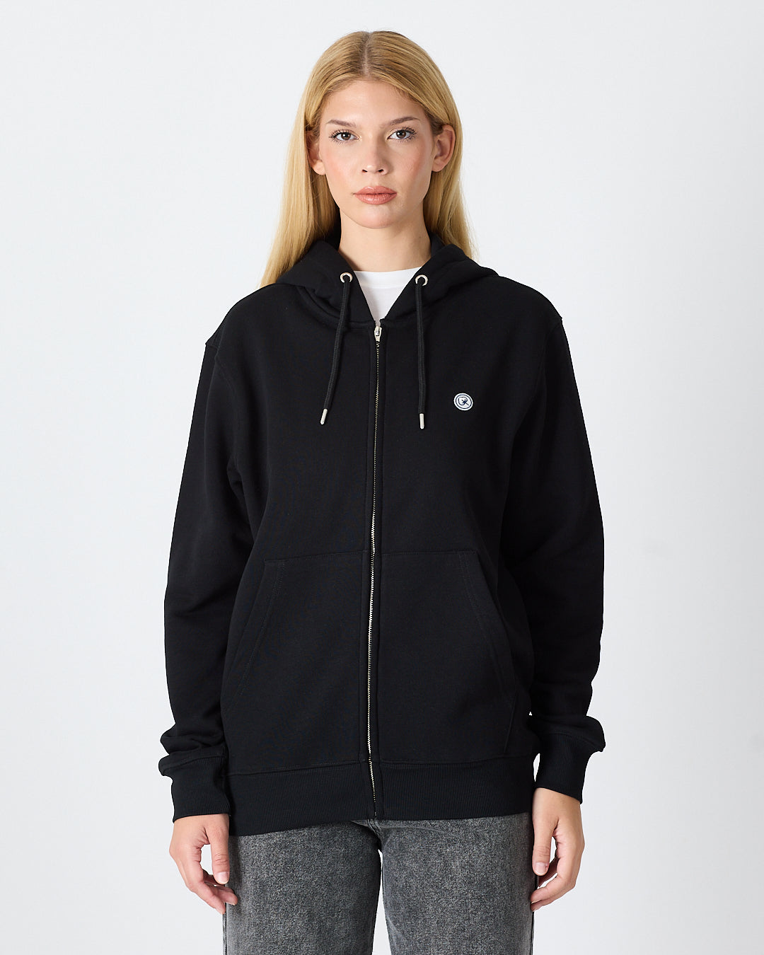 Unisex Siyah Beyaz Aplike Detaylı Kapüşonlu Organik Pamuk Standart Kesim Tam Fermuarlı Sweatshirt