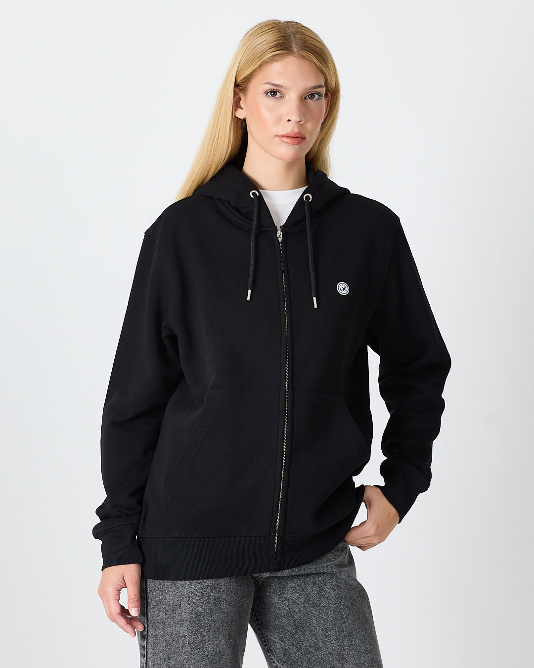 Unisex Siyah Beyaz Aplike Detaylı Kapüşonlu Organik Pamuk Standart Kesim Tam Fermuarlı Sweatshirt