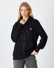 Unisex Siyah Beyaz Aplike Detaylı Kapüşonlu Organik Pamuk Standart Kesim Tam Fermuarlı Sweatshirt