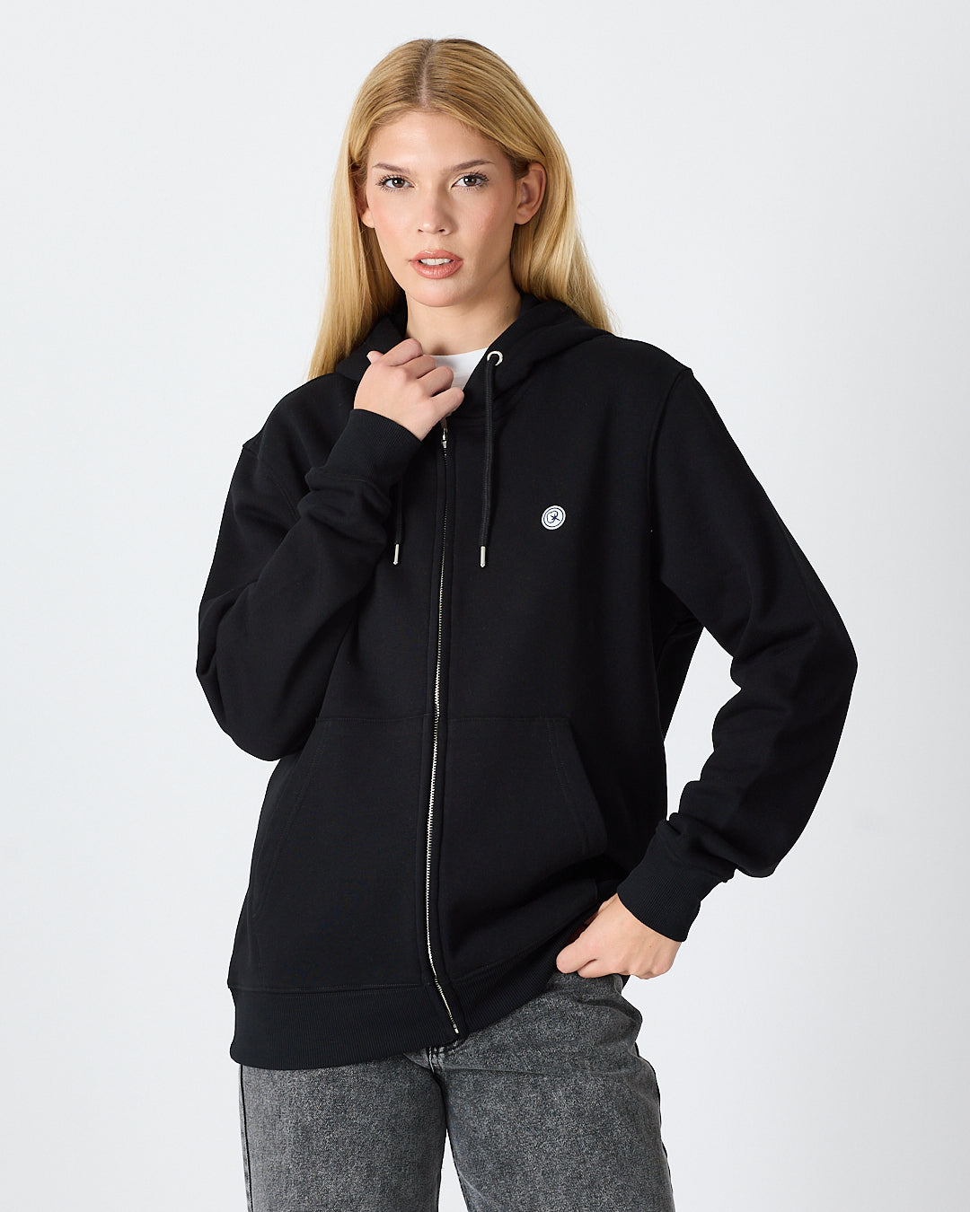 Unisex Siyah Beyaz Aplike Detaylı Kapüşonlu Organik Pamuk Standart Kesim Tam Fermuarlı Sweatshirt