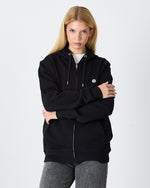 Unisex Siyah Beyaz Aplike Detaylı Kapüşonlu Organik Pamuk Standart Kesim Tam Fermuarlı Sweatshirt