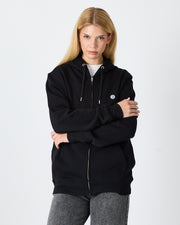 Unisex Siyah Beyaz Aplike Detaylı Kapüşonlu Organik Pamuk Standart Kesim Tam Fermuarlı Sweatshirt