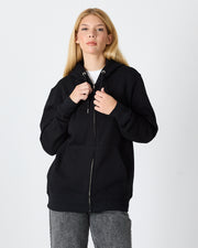 Unisex Siyah Beyaz Aplike Detaylı Kapüşonlu Organik Pamuk Standart Kesim Tam Fermuarlı Sweatshirt