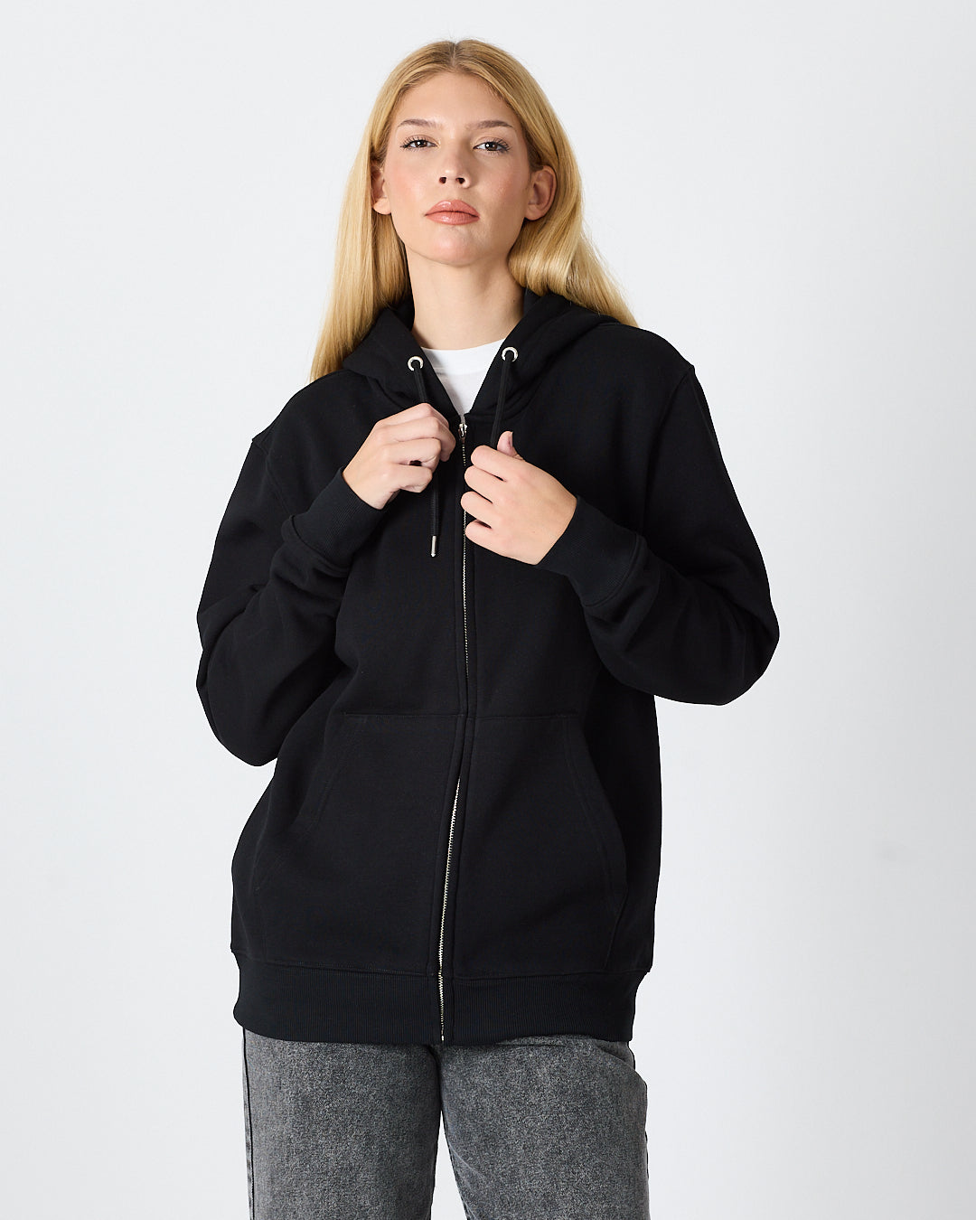 Unisex Siyah Beyaz Aplike Detaylı Kapüşonlu Organik Pamuk Standart Kesim Tam Fermuarlı Sweatshirt