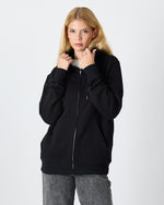 Unisex Siyah Beyaz Aplike Detaylı Kapüşonlu Organik Pamuk Standart Kesim Tam Fermuarlı Sweatshirt