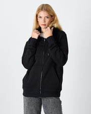 Unisex Siyah Beyaz Aplike Detaylı Kapüşonlu Organik Pamuk Standart Kesim Tam Fermuarlı Sweatshirt