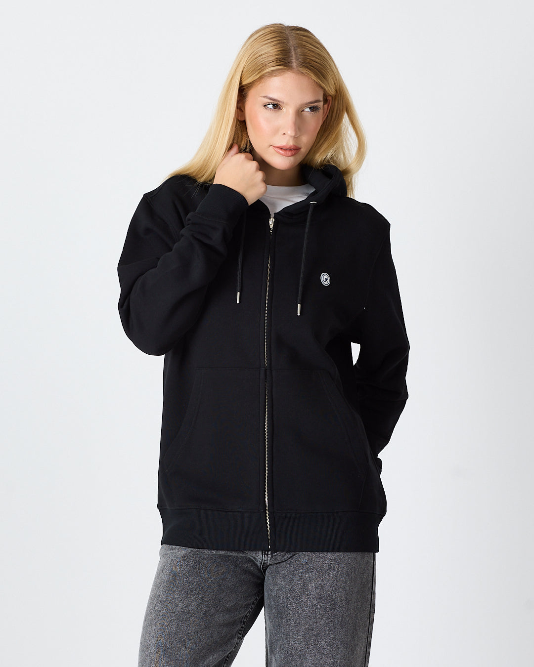 Unisex Siyah Beyaz Aplike Detaylı Kapüşonlu Organik Pamuk Standart Kesim Tam Fermuarlı Sweatshirt