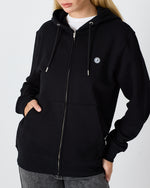 Unisex Siyah Beyaz Aplike Detaylı Kapüşonlu Organik Pamuk Standart Kesim Tam Fermuarlı Sweatshirt