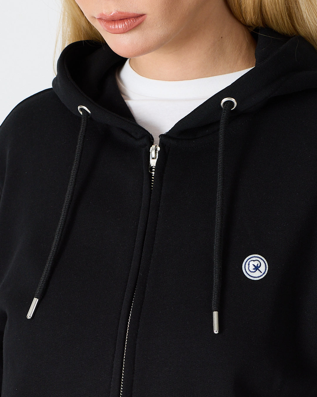 Unisex Siyah Beyaz Aplike Detaylı Kapüşonlu Organik Pamuk Standart Kesim Tam Fermuarlı Sweatshirt