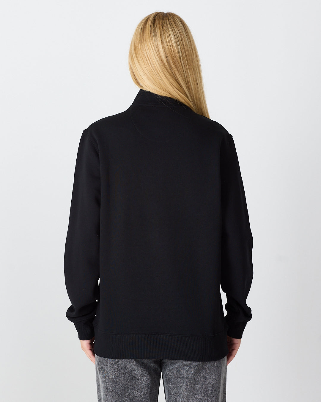 Unisex Siyah Gümüş Nakış Standart Kalıp Organik Pamuk Yarım Fermuarlı Sweatshirt