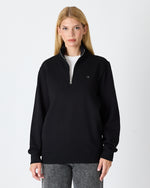 Unisex Siyah Gümüş Nakış Standart Kalıp Organik Pamuk Yarım Fermuarlı Sweatshirt