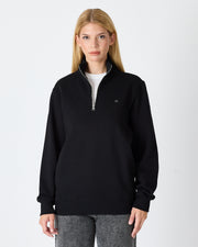 Unisex Siyah Gümüş Nakış Standart Kalıp Organik Pamuk Yarım Fermuarlı Sweatshirt